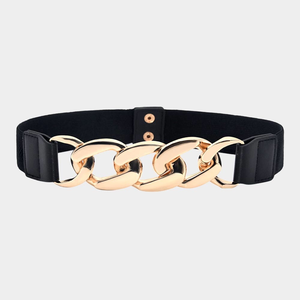 Chunky Black & Gold Metal Elastic Statement Belt - Picture 2 of 4